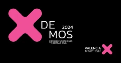 X rosa sobre fondo negro, como simbolo del foro demos 2024, con la sede Valencis y las fechas 30 sept y 1 oct en blanco