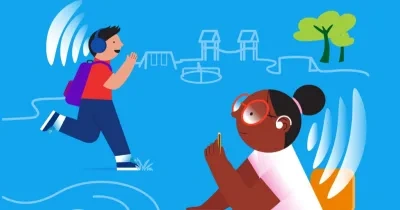 Un dibujo de una niña con discapacidad auditiva sentada en un pupitre y un niño escuchando los cascos con música por la calle