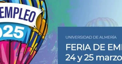 feria del empleo cartel con un globo aerostático y la fecha