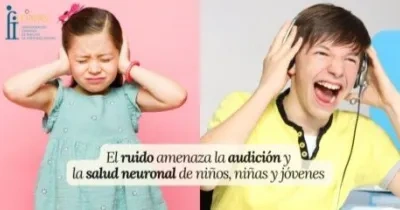 Imagen dividida: a la izquierda, una niña tapándose los oídos con expresión de incomodidad (fondo rosa); a la derecha, un niño con auriculares y sonrisa feliz (fondo azul). Texto central: "El ruido amenaza la audición y la salud neuronal de niños, niñas y jóvenes". Logo "FI" arriba a la izquierda y "2023" abajo a la derecha.
