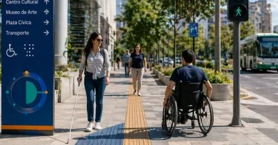 Personas con discapacidad paseando por una ciudad con varias medidas de accesibilidad
