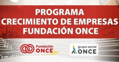 cartel del "programa crecimiento de empresas de Fundación ONCE" con el logo de Fundación ONCE y Grupo Social ONCE