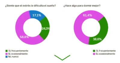 Dos gráficos de tipo donut: uno muestra que la mayoría siente que el estrés afecta al sueño ocasionalmente (58,6%), y otro que la mayoría hace algo para dormir mejor de forma ocasional (61,4%), seguidos de porcentajes menores de frecuencia habitual.