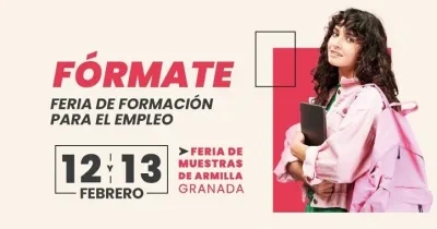 Cartel del evento "Fórmate" con la fecha y sede del evento. Aparece una niña sosteniendo un ordenador en las manos y una mochila rosa a la espalda