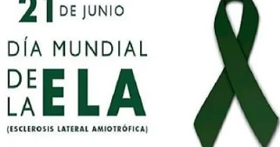 Lazo verde asociado a la enfermedad ELA y texto que dice 21 de junio día mundial de la ELA