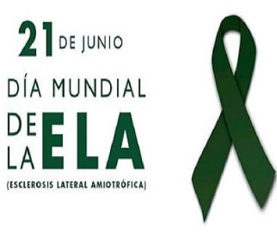 Lazo verde asociado a la enfermedad ELA y texto que dice 21 de junio día mundial de la ELA