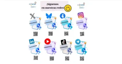 Incluye logotipos de X, Bluesky , Facebook, Instagram, LinkedIn, YouTube, TikTok y Telegram. Cada sección incluye un código QR debajo de los logotipos para acceder a sus perfiles en las respectivas redes sociales del CERMI