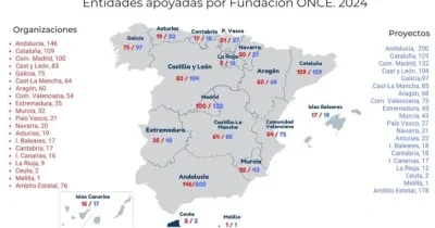mapa de España con el número de entidades beneficiadas y de proyectos impulsados en cada CCAA