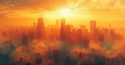 ciudad vista desde las alturas durante una puesta de sol y viendose el ozono en el cielo