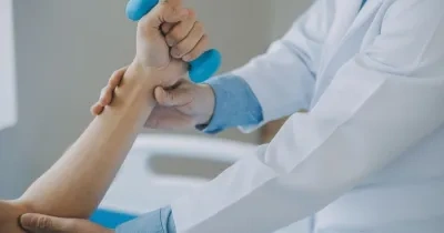 Un sanitario ayuda a un paciente a realizar ejercicios de rehabilitación