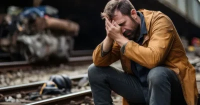 Un hombre en el espectro autista sentando en la vía férrea