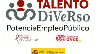 Logotipo del programa Talento Diverso Potencia Empleo Público sobre fondo blanco. En la parte superior aparece un icono formado por tres figuras estilizadas en gris y rojo, junto al texto “TALENTO DiVeRso”. Debajo se lee “PotenciaEmpleoPúblico”. En la zona inferior aparecen los logotipos de la Fundación Derecho y Discapacidad y la Fundación ONCE. En la parte inferior se muestra el logotipo del Gobierno de España y del Ministerio de Derechos Sociales, Consumo y Agenda 2030.
