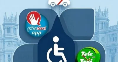 Ilustración sobre taxi adaptado y movilidad reducida con el logotipo de Pidetaxi y Teletaxi alrededor del símbolo internacional de accesibilidad, sobre un fondo azul con edificios emblemáticos de Madrid.