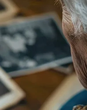 Un hombre mayor observa fotografías familiares sobre su mesa