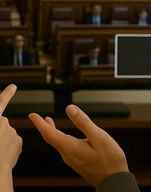 Dos personas ante un televisor en el que aparece la comparecencia y en negro el espacio donde debería verse la interpretación en lengua de signos | Foto de la CNSE