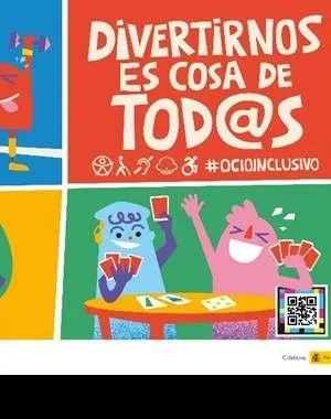 Cartel ilustrado de la 43ª edición del Concurso Escolar ONCE formado por varias viñetas de colores con personajes animados que representan situaciones de ocio inclusivo. En el centro aparece el lema “Divertirnos es cosa de tod@s”, acompañado de iconos de accesibilidad y la etiqueta #OcioInclusivo. Alrededor se muestran escenas relacionadas con el deporte, el arte, los juegos y la música, protagonizadas por personajes con distintas discapacidades. En la parte inferior figuran los logotipos del