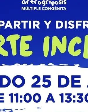 Cartel de la Asociación de Artrogriposis Múltiple Congénita con fondo azul. En la parte superior aparece el logotipo de la asociación y el texto “Ven a compartir y disfrutar con el deporte inclusivo”. En el centro, sobre un recuadro blanco, se muestran la fecha “Sábado 25 de abril” y el horario “De 11:00 a 13:30h”. En la zona inferior derecha aparece la imagen de una persona sentada en una silla de ruedas, vestida con una sudadera clara con la palabra “Polo” y un número estampados.