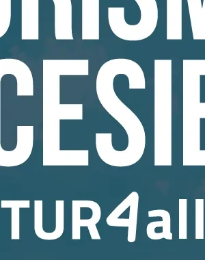 Cartel promocional del V Congreso de Turismo Accesible TUR4all, que se celebrará en Bilbao los días 16 y 17 de noviembre de 2026. Sobre un fondo de cielo con nubes aparece el título principal en letras blancas dentro de un recuadro azul. Debajo figuran las entidades organizadoras: Bizkaia Fundazioa Diputación Foral, TUR4all e Impulsa Igualdad. En la parte inferior se muestra una panorámica urbana de Bilbao con edificios y el Mercado de la Ribera.
