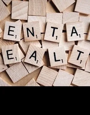 un dibujo de la salud mental con piezas de puzle,  que cada pieza contiene una letra