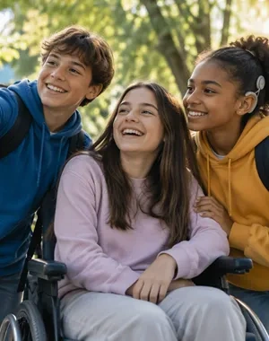 Tres adolescentes participan juntos en una actividad al aire libre en un parque accesible. Una de las personas utiliza una silla de ruedas y aparece en el centro de la imagen, mientras otra sostiene un teléfono móvil en un palo para hacerse una fotografía. A la derecha, una tercera persona lleva un implante auditivo visible. Al fondo se observan árboles y un camino peatonal iluminado por luz natural.