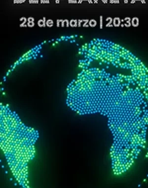 Dibujo de un fondo negro con iluminación en el mapa del mundo. Arriba titulan la foto como "La Hora del Planeta", 28 de marzo / 20:30
