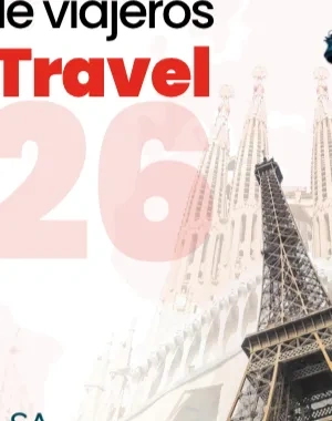 Portada del informe “Tendencias de viajeros TUR4all Travel 2026”. Sobre un fondo claro con un mapa del mundo difuminado, aparecen varios monumentos emblemáticos: la Estatua de la Libertad en primer plano, la Torre Eiffel, la Sagrada Familia y la Torre de Pisa. El número “2026” destaca en gran tamaño y color rosa claro. En la parte inferior se muestran los logotipos de TUR4all e Impulsa Igualdad.