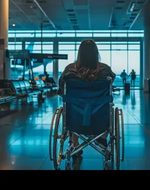 Una persona con movilidad reducida y en silla de ruedas en un aeropuerto (Fuente: Rehatrans)