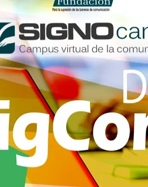 Imagen promocional del proyecto de la Fundación CNSE. En primer plano aparece el texto “DigComp” junto a los logotipos de Fundación CNSE y SignoCampus. Al fondo se ve una escena desenfocada de personas utilizando un ordenador portátil en un entorno formativo. Sobre la imagen hay figuras geométricas de colores que aportan un estilo visual dinámico y educativo