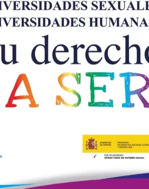 Imagen con un fondo claro decorado con puntos de colores y formas curvas en tonos vivos. En el centro aparece el mensaje principal: “Diversidades sexuales, diversidades humanas. Tu derecho a ser”, con la palabra “SER” destacada en colores del arcoíris. En la parte inferior se sitúan varios logotipos institucionales, entre ellos CERMI, el 20 aniversario de la Convención Internacional sobre los Derechos de las Personas con Discapacidad, el Gobierno de España y FELGTBI+. En la franja inferior destaca el hashta