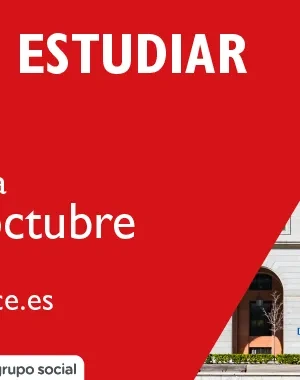 Cartel de la V edición de las ayudas de Fundación ONCE para estudiar oposiciones. Sobre un fondo rojo aparece el texto “Ayudas para estudiar oposiciones” y el plazo de solicitud hasta el 16 de octubre. A la derecha, una persona usuaria de silla de ruedas observa un edificio institucional. En la parte inferior se muestran los logotipos de Fundación ONCE y Grupo Social ONCE, junto a la dirección becas.fundaciononce.es.