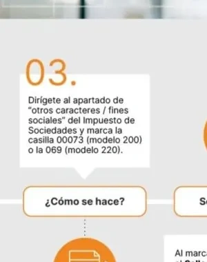 **Alt text corto:**  Infografía sobre el Sello Empresa Solidaria que explica, en cinco pasos, cómo marcar la casilla de fines sociales en el Impuesto de Sociedades y solicitar el distintivo dentro de los plazos establecidos en 2026.