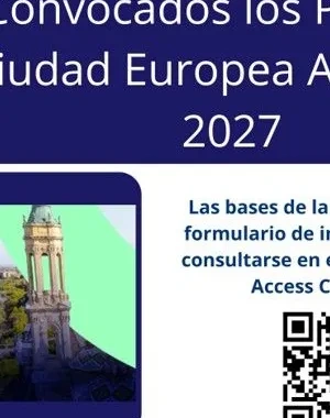 Cartel informativo del CERMI sobre los Premios Ciudad Europea Accesible 2027. En la parte superior aparece el texto “Convocados los Premios Ciudad Europea Accesible 2027” junto a la ilustración de un megáfono. A la izquierda hay una imagen de una ciudad con el texto “Access City Award 2027” y la etiqueta “#EUAccessCity”. A la derecha se indica que las bases y el formulario de inscripción están disponibles en el portal oficial del premio, acompañado de un código QR.