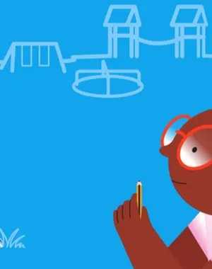 Un dibujo de una niña con discapacidad auditiva sentada en un pupitre y un niño escuchando los cascos con música por la calle