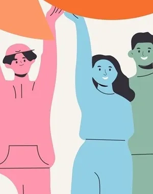 Ilustración con varias personas dibujadas de forma simbólica, de pie y con los brazos levantados sosteniendo una gran forma circular naranja en la parte superior. En la parte inferior aparece el texto “fibrosisquistica.org” y el hashtag “#TratamientoParaTodos”, junto al logotipo de la Federación Española de Fibrosis Quística. Diseño en colores suaves que transmite apoyo colectivo y visibilidad social.