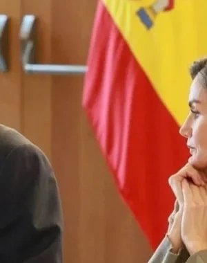 Los Reyes durante una reunión, con las banderas de España y de la Unión Europea de Fondo