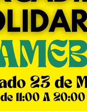Cartel del Mercadillo Solidario AMEB sobre fondo amarillo. Incluye texto con la fecha sábado 23 de mayo, de 11:00 a 20:00, y el lugar: Hotel NH Zurbano, calle de Zurbano 79–81. Aparecen imágenes de ropa y complementos como un jersey rosa, un pantalón vaquero y unas gafas de sol.