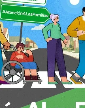 Imagen principal de la campaña con el #AtenciónALasFamilias y un dibujo de personas con discapacidad cruzando por un paso de peatones