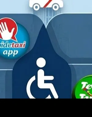 Ilustración sobre taxi adaptado y movilidad reducida con el logotipo de Pidetaxi y Teletaxi alrededor del símbolo internacional de accesibilidad, sobre un fondo azul con edificios emblemáticos de Madrid.