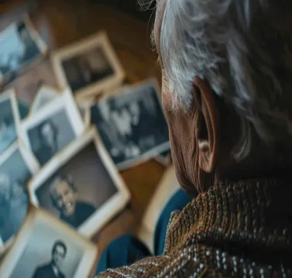 Un hombre mayor observa fotografías familiares sobre su mesa