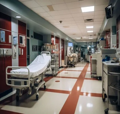 Corredor de un hospital con equipamiento médico de emergencia