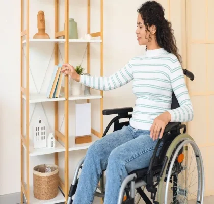 Una mujer coge un libro de una estanteria de su hogar