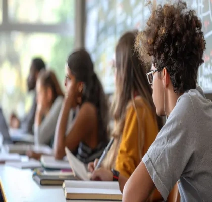 Un grupo de estudiantes atiende explicaciones en un aula inclusiva 