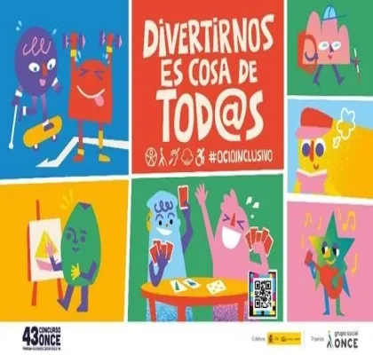 Cartel ilustrado de la 43ª edición del Concurso Escolar ONCE formado por varias viñetas de colores con personajes animados que representan situaciones de ocio inclusivo. En el centro aparece el lema “Divertirnos es cosa de tod@s”, acompañado de iconos de accesibilidad y la etiqueta #OcioInclusivo. Alrededor se muestran escenas relacionadas con el deporte, el arte, los juegos y la música, protagonizadas por personajes con distintas discapacidades. En la parte inferior figuran los logotipos del