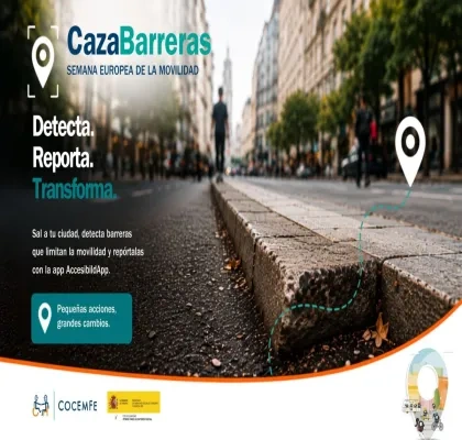 Cartel de la campaña #CazaBarreras de Cocemfe para la Semana Europea de la Movilidad. La imagen muestra un bordillo elevado en una calle urbana como ejemplo de barrera de accesibilidad. Sobre la fotografía aparece el mensaje: “Detecta. Reporta. Transforma.”, junto a una invitación para identificar y registrar obstáculos que limitan la movilidad mediante la aplicación AccesibilidApp. El diseño incluye iconos de geolocalización y los logotipos de Cocemfe y entidades colaboradoras.