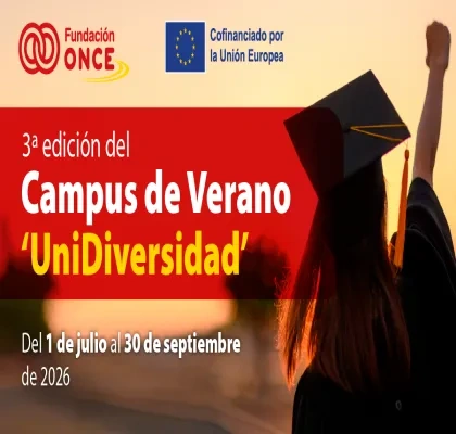 Cartel promocional del Campus de Verano UniDiversidad 2026. A la izquierda aparecen los logotipos de Fundación ONCE y de la Unión Europea con el texto “Cofinanciado por la Unión Europea”. En el centro se lee: “3ª edición del Campus de Verano ‘UniDiversidad’. Del 1 de julio al 30 de septiembre de 2026”. A la derecha, silueta de una persona de espaldas levantando un birrete de graduación frente a un fondo de atardecer.