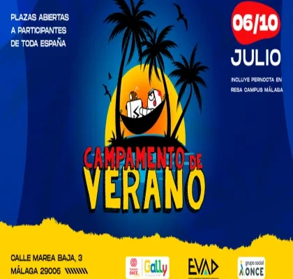 Cartel promocional del campamento accesible de videojuegos ‘Ga11y’ de Fundación ONCE. Aparecen jóvenes jugando con mandos y ordenadores, junto al logotipo de Ga11y y la información del evento que tendrá lugar en Málaga del 6 al 10 de julio.