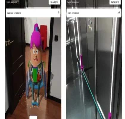Montaje con dos capturas de pantalla de la aplicación Incluyes. La imagen de la izquierda muestra una simulación tridimensional de una persona utilizando una silla de ruedas al acercarse a una puerta dentro de una estancia con suelo de madera y un sillón rojo al fondo. La imagen de la derecha muestra el interior de un ascensor, con indicadores visuales y barras de apoyo resaltadas para evaluar su accesibilidad.
