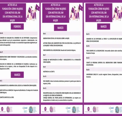 Infografía en 3columnas con calendario de actos de la FCM por el 8M. Incluye actividades en febrero y marzo: intervenciones en el Congreso, sesiones del Observatorio Feminismo y Discapacidad, conferencias universitarias, lectura del Manifiesto 8M, presentación de la Memoria Social, participación en foros sobre justicia, violencia y derechos de mujeres y niñas con discapacidad. En la parte inferior aparecen los logotipos de Fundación CERMI Mujeres, CERMI y el 20 aniversario de la Convención ONU