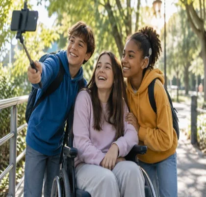 Tres adolescentes participan juntos en una actividad al aire libre en un parque accesible. Una de las personas utiliza una silla de ruedas y aparece en el centro de la imagen, mientras otra sostiene un teléfono móvil en un palo para hacerse una fotografía. A la derecha, una tercera persona lleva un implante auditivo visible. Al fondo se observan árboles y un camino peatonal iluminado por luz natural.
