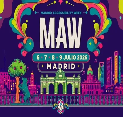 Cartel promocional colorido de la Madrid Accessibility Week. En el centro aparece el texto “MAW” en letras grandes, junto a “Madrid Accessibility Week” y las fechas “6 · 7 · 8 · 9 Julio 2026”, seguido de “Madrid”. La ilustración muestra un paisaje urbano estilizado de Madrid con monumentos emblemáticos, edificios modernos, una puerta monumental en el centro, un árbol y una figura de oso junto a él. El diseño utiliza colores vivos , con elementos decorativos psicodélicos y notas musicales sobre fondo oscuro